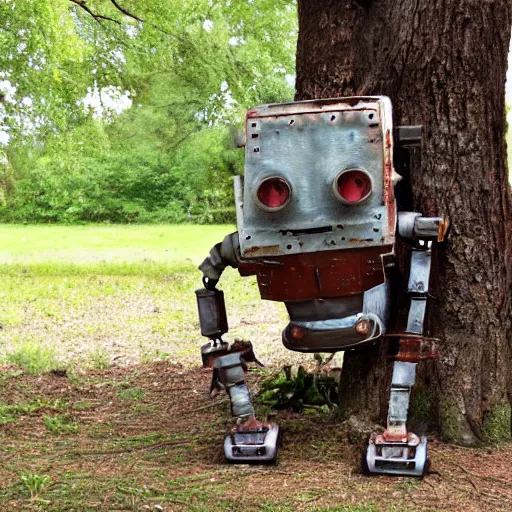 Image similar to rusty robot sitting by a tree, auction catalogue photo