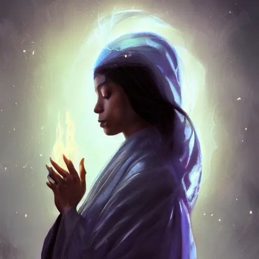 Image similar to Masterpiece! portrait of an aesthetic beautiful! realistic black haired priestess, 30 years old woman, praying, with tears, soft cinematic light, digital painting by WLOP, atmospheric effects, fireflies, 4K, octane render, artstation, deviantart, closer view, dark purple blue tones