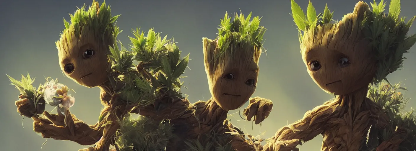 Prompt: duotone concept illustration 3 / 4 portrait of baby groot wearing cannabis hat, hemp, marijuana!, cinematic volumentric lighting, jim cheung, david marquez, mike deodato jr, ilya kuvshinov, makoto shinka, behance hd by jesper ejsing, by rhads, hyper detailed, octane render, concept art, artstation