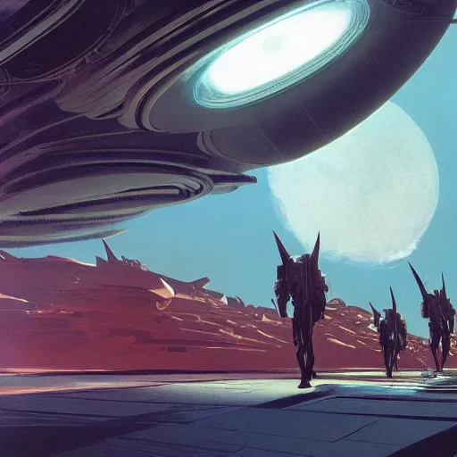 Image similar to group of nomads travelling on an alien world, cinematic lighting, science - fiction, detailed, matte painting, syd mead, john harris,