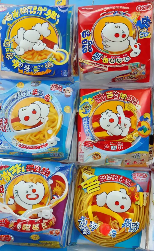 Image similar to White elephants eat instant noodles, Doraemon style.
