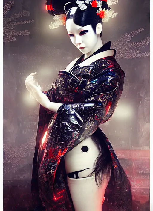 Image similar to portrait of a seductive cyberpunk latex geisha, modern fine art, fractal, in the style of ghosts in the machine, intricate ornaments, elegant, highly detailed, digital photography, subsurface scattering, by greg rutkowski,