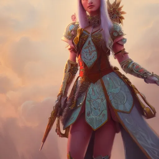 Image similar to detailed concept art illustration pastel painting of a beautiful Disney warrior princess in full intricate clothing, ultra detailed, digital art, octane render, 4K, dystopian, micro details