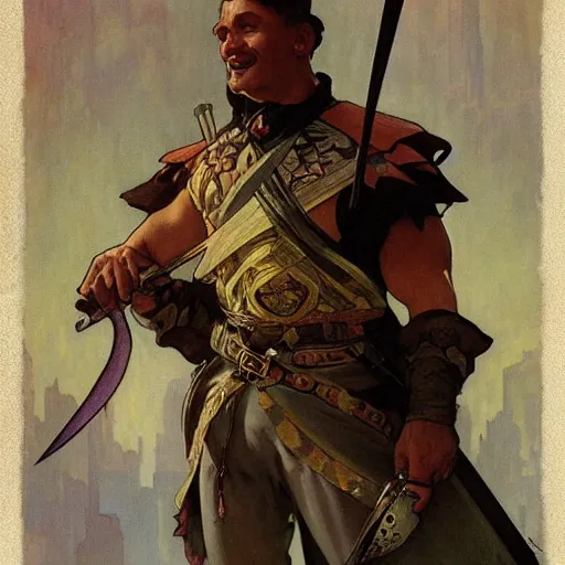 Image similar to An orc noble male musketeer, digital art, Greg rutkowski, Alphonse Mucha, Italian futurism cca 1938