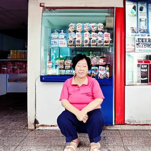 Prompt: a middle - aged woman working at an old convenience store in singapore, award - winning photography