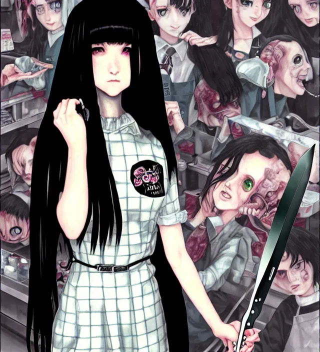 Image similar to portrait of a morbid 18 year old young woman wearing a grunge aesthetic dress with straight silky black hair, in a butcher shop, queen of sharp razorblades holds a single individual razerblade her hand and shows it to the user, in the style of Range Murata and by Katsuhiro Otomo.