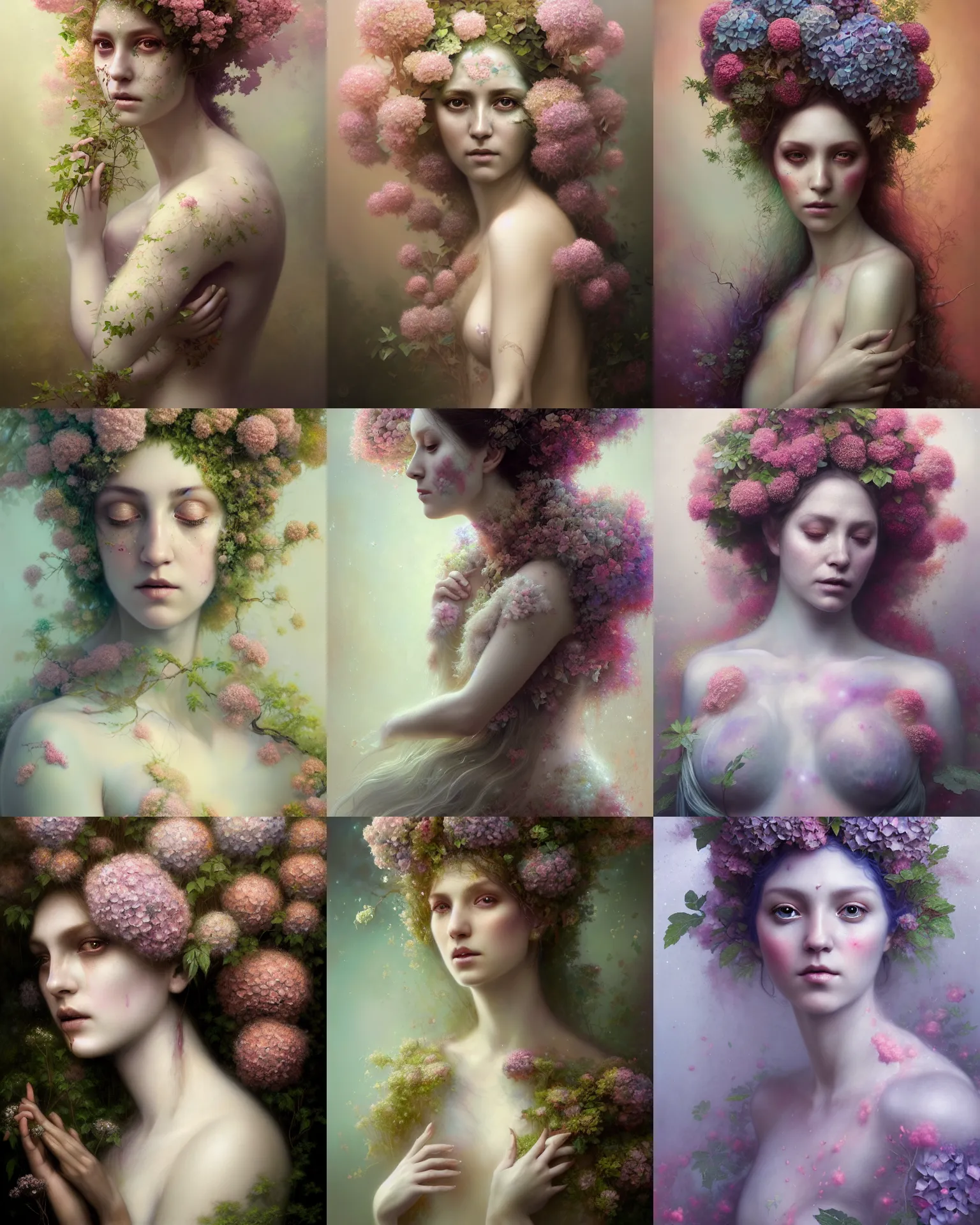 Prompt: Full view realistic Portrait ethereal hydrangea dryad wearing beautiful dress, deity of hydrangeas, avant-garde, 4k digital masterpiece by Tom bagshaw and Alberto Seveso, Ruan Jia, rossdraws, fantasycore, Hyperdetailed, realistic oil on linen, soft lighting, Iconography background, featured on Artstation