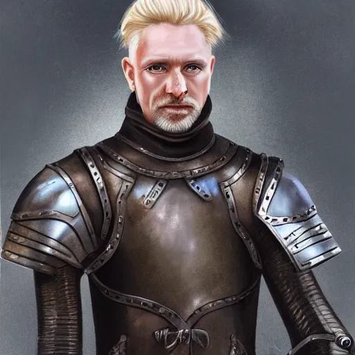 Prompt: concept art, 50 years old men, blonde, blue eyes, medieval leather armor, no helmet, high detail, digital art, realistic