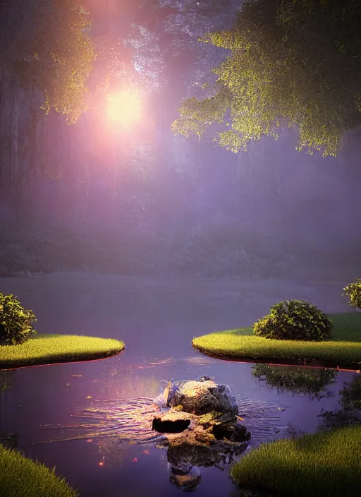 Prompt: photography at night of an ethereal pond with a central sunlight glare, mystical, cyber lights, masterpiece, epic, cinematic, hyperealistic, high detailed, corona render, hdr, ray tracing