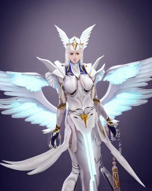 Image similar to perfect white haired attractive egyptian goddess with huge white dove wings, warframe armor, regal, ornate, beautiful, symmetric, dreamy, half asian, pretty face, blue eyes, detailed, scifi platform, laboratory, experiment, 4 k, ultra realistic, epic lighting, android body, illuminated, cinematic, masterpiece, art by akihito tsukushi, voidstar