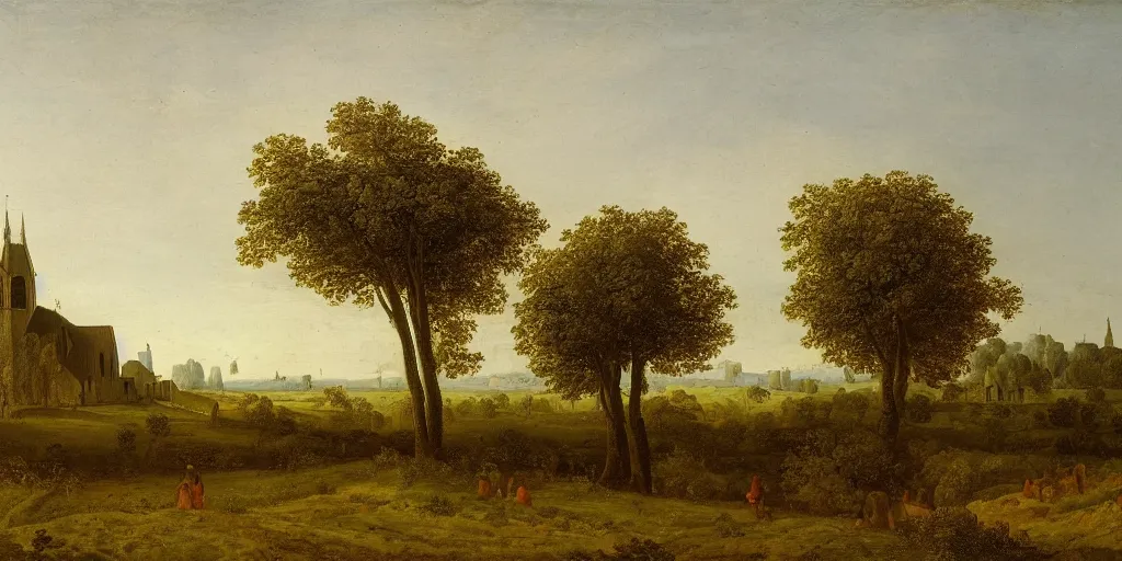 Image similar to a beautiful landscape painting of a giant tree next to a church in the fields, by jan van goyen, oil on canvas, highly detailed, hd, 4 k