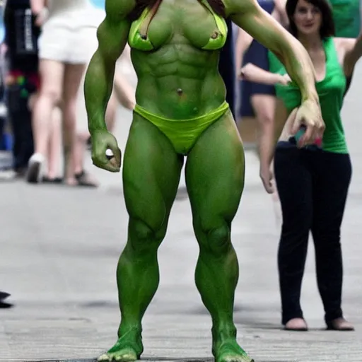 Image similar to emma watson cosplaying as the hulk, muscly emma watson wearing a hulk costume, emma watson jacked beefy cosplay award winner, full body shot