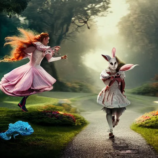 Image similar to tom cruise as Alice in Wonderland chasing the white rabbit, hyperrealistic, highly detailed, depth of field, High definition, 8k, octane render, artstation