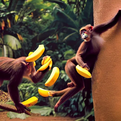 Prompt: multicolor photo of monkey juggling bananas at the jungle by steve mccurry in 4 k ultra high resolution and with dutch angle, with funny feeling