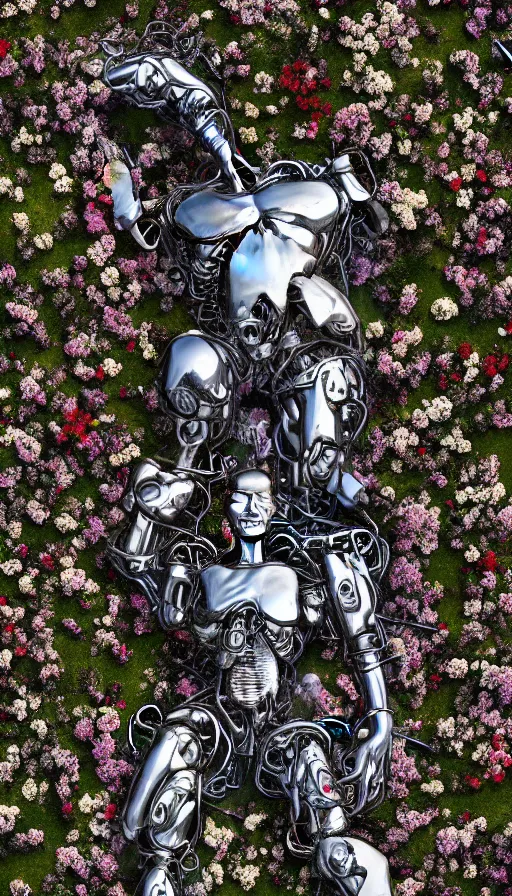 Image similar to destroyed terminator lying in a field of flowers, twisted metal, chrome, reflections, anthropomorphic, photorealism, smoke, metal, 8 k, surreal, wires, smooth, sharp focus, top view, extremely detailed, hyperrealism, elegant, establishing shot, by jeff koons, artgerm and greg rutkowski