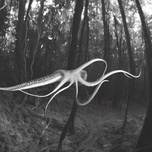 Image similar to a weird giant squid octopus caught on trailcam nightvision footage camera, grainy low quality, forest