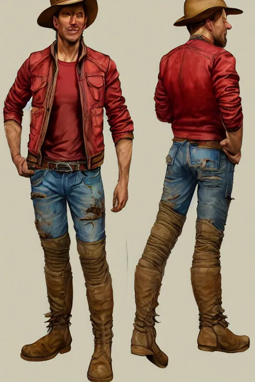 Prompt: character design, reference sheet, uncropped, 40's adventurer, unshaven, optimistic, stained dirty clothing, straw hat, riding boots, red t-shirt, dusty brown bomber leather jacket, detailed, concept art, photorealistic, hyperdetailed, , art by Leyendecker and frazetta,