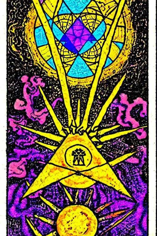 Image similar to a tarot card that reads lsd is good, psychedelic, old, paper texture, da vinci code, geometry, mushrooms