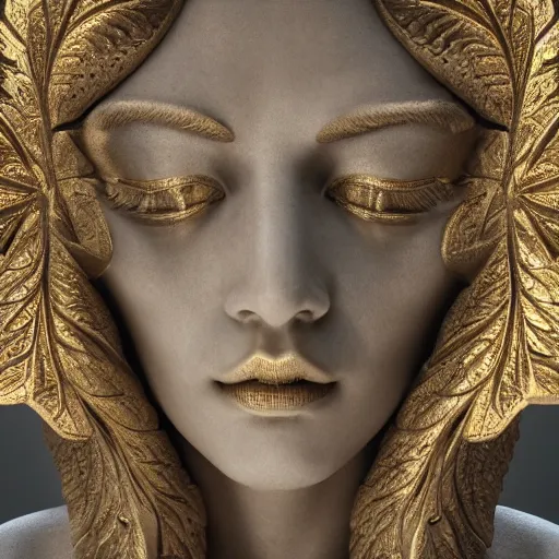 Image similar to Ultra detailed 3d render Macro of a marble statue, beautiful woman face, symmetrical composition, intricate thin details in gold, fantasy flowers and leaves, mandelbrot, octane render, 8k, high quality, volumetric lighting, color grading