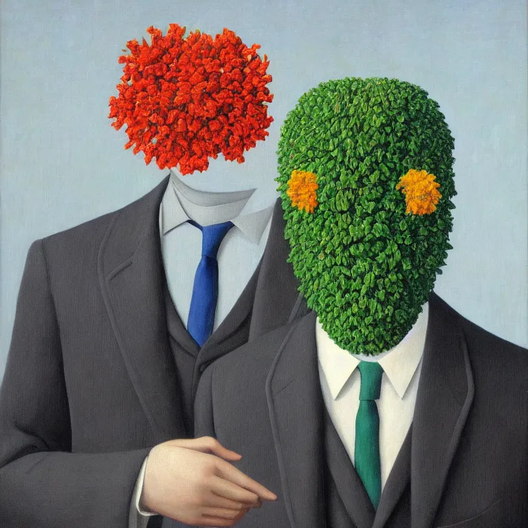 Image similar to portrait of man in a suit, his head is flowers, by rene magritte, detailed painting, hd, hq, high resolution, high detail, 4 k, 8 k