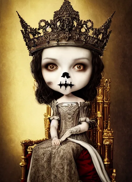 Image similar to highly detailed closeup portrait of a goth medieval princess wearing a crown and a gas mask sitting on a throne, nicoletta ceccoli, mark ryden, lostfish, global illumination, god rays, detailed and intricate environment