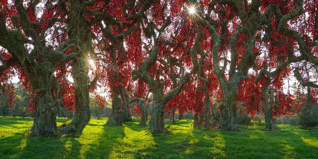 Prompt: ornate art of an inexplicably magical grove of supernaturally tall apple trees with red apples on their branches that stretch and twine upwards forming a vast colonnade of trunks that stretch out in thin rows far into the distance, rolling hillocks of lush green grass, transluscent leaves cresting a thick canopy set alight with a fragile late-afternoon sunlight that refracts off scattered apples brushed pink and red with exposure by Darek Zabrocki, Marcin Rubinkowski, Lorenzo Lanfranconi, Oleg Zherebin, Karlkka, trending on Artstation deviantart