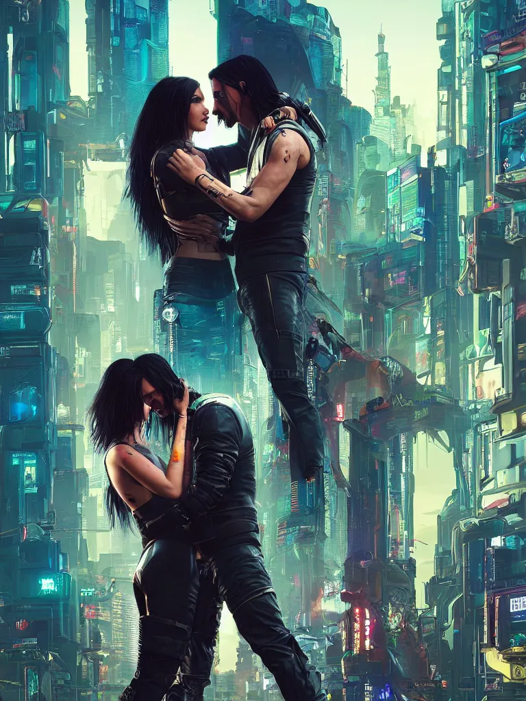 Image similar to a cyberpunk 2077 srcreenshot couple portrait of Keanu Reeves and a female android final kissed in night city,love,film lighting,by Lawrence Alma-Tadema,Andrei Riabovitchev,Laurie Greasley,Dan Mumford,John Wick,Speed,Replicas,artstation,deviantart,FAN ART,full of color,Digital painting,face enhance,highly detailed,8K,octane,golden ratio,cinematic lighting