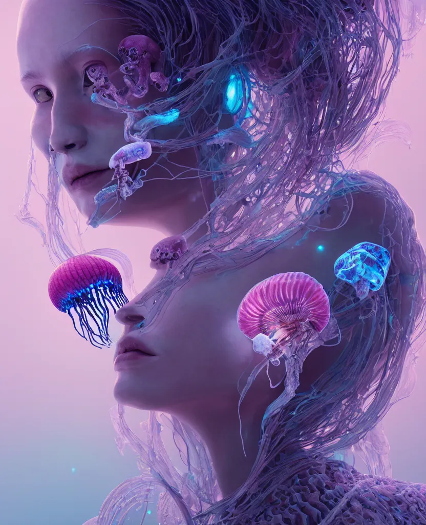 Image similar to goddess close - up portrait human skeleton, ram skull, jellyfish, orchid, betta fish, bioluminiscent, intricate artwork by tooth wu and wlop and beeple. octane render, trending on artstation, greg rutkowski very coherent symmetrical artwork. cinematic, hyper realism, high detail, octane render, 8 k