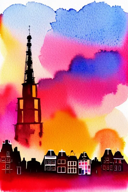 Prompt: minimalist watercolor art of amsterdam at sunset, illustration, vector art