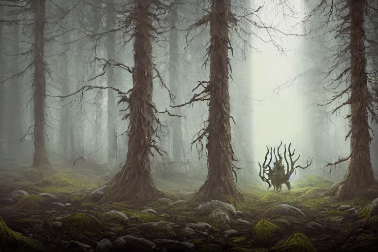 Image similar to dark eldritch monster in a swedish forest, very low angle photograph, very detailed, trending on artstation, hyperrealistic, soft colors, simon stålenhag, lovecraft, horror