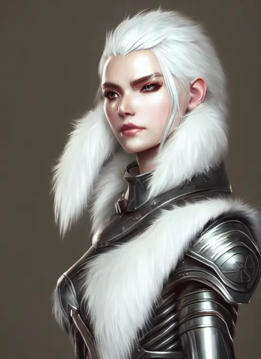 Image similar to fur - lined armor!!! beautiful and elegant white haired female!! gorgeous ayes!! character concept art, sharp focus, octane render! unreal engine 5! highly rendered!! trending on artstation!! detailed linework!! illustration by artgerm and wlop