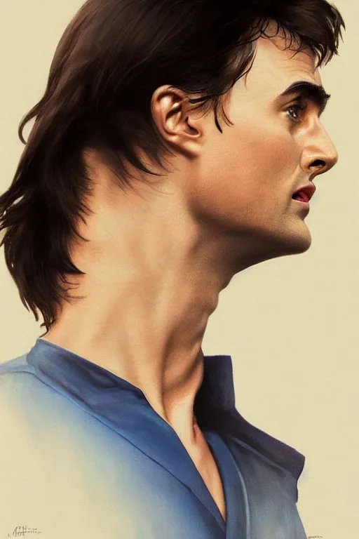 Prompt: half Tom Cruise, half Daniel Radcliffe, black hair, blue eyes, in a white lab coat, dramatic backlighting, autochrome, high contrast, highly detailed, sharp focus, digital painting, concept art, illustration, trending on artstation, art by greg rutkowski and greg hildebrandt, composition by alphonse mucha