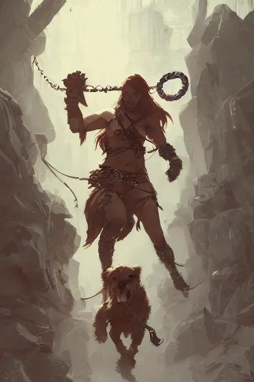 Image similar to comic book cover. barbarian with a dog leash by greg rutkowski, trending on artstation