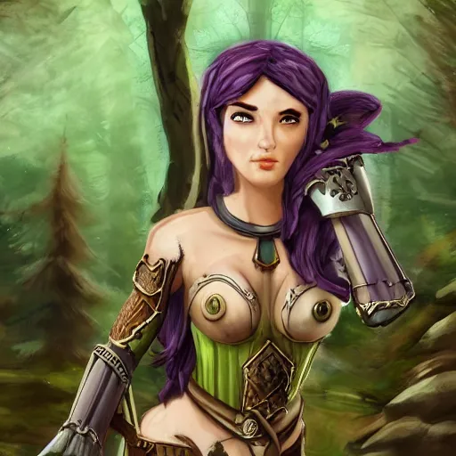Prompt: athena as a medieval fantasy wood elf, dark purplish hair tucked behind ears, wearing a green tunic with a fur lined collar and brown leather armor, wide, muscular build, scar across nose, one black, scaled arm, cinematic, character art, digital art, forest background, realistic. 8 k