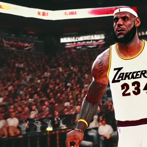 Image similar to a videogame still of Lebron James in Tekken 7, portrait, 40mm lens, shallow depth of field, close up, split lighting, cinematic