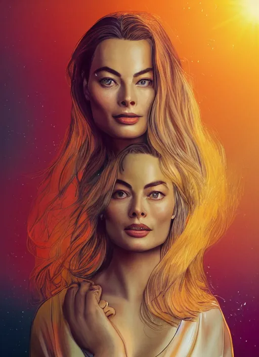 Image similar to Liang Huatao detailed Illustration of beautiful Margot Robbie in a Solarpunk blouse, accurate anatomy, abstract sun in background, shiny soft skin, soft lighting, sharp details, warm colors, studio portrait, 35 mm film, subsurface scattering, lens flare