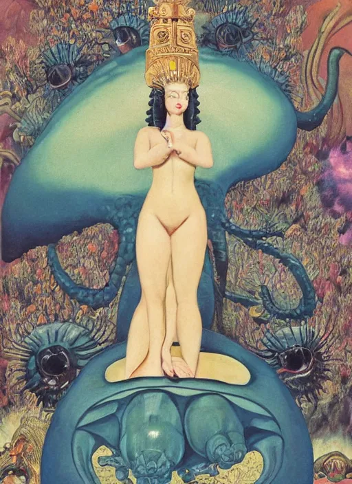 Prompt: a queen on top of a giant tardigrade retro japanese monster slimy leather, oil painting, 7 0 s vintage art, by georgia o keeffe, by kay nielsen, by gustave dore, by frank frazetta, nausicaa