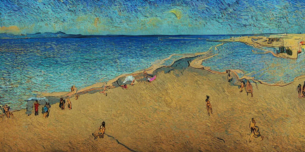 Image similar to People in beach, beach is between the two valleys, by Salvador Dali and Van Gogh collaboration, sun set, digital art, high details, drone wide shot