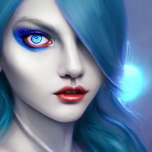 Prompt: perfectly - centered close - up face - portrait of blue - haired goddess with glowing - red - eyes, the perfect human female specimen, intricate, elegant, super highly detailed, professional digital painting, artstation, concept art, smooth, sharp focus, no blur, no dof, extreme illustration, unreal engine 5, 8 k, by anne stokes