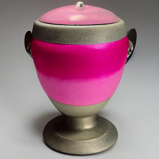 Image similar to photo of an urn with a pink punk hairdo