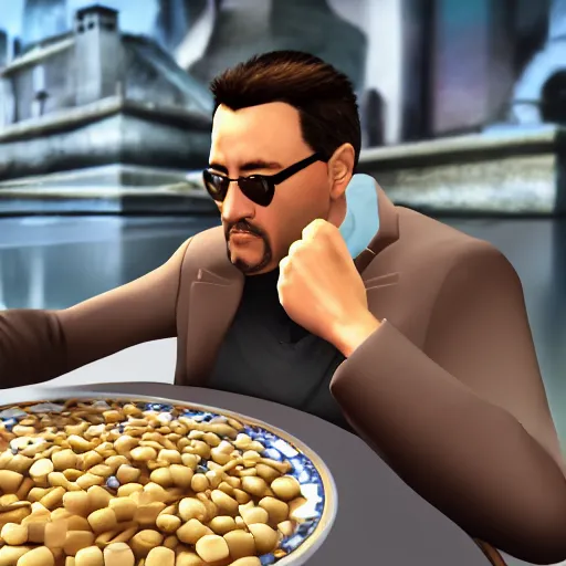 Image similar to jc denton from deus ex videogame eats cereal at a table near liberty island, highly detailed, 4 k, hd