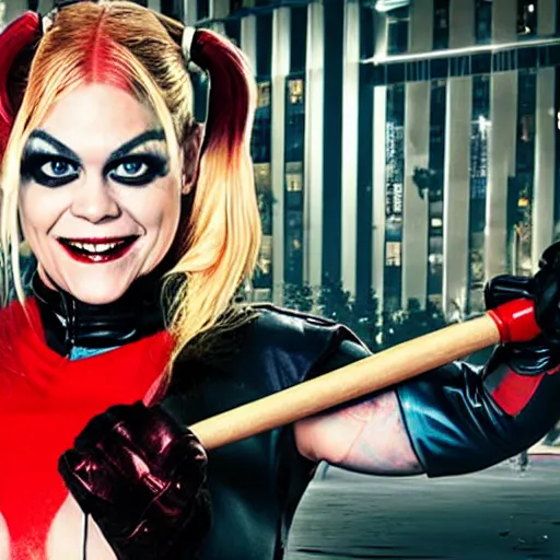 Image similar to Beth Phoenix as Harley Quinn on the street in Gotham City at night, holding a baseball bat