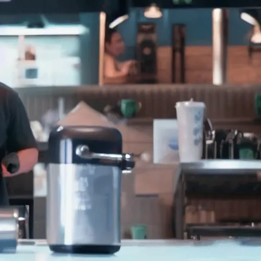 Image similar to a film still of thanos working as a starbucks barista in an upcoming movie, 4 k