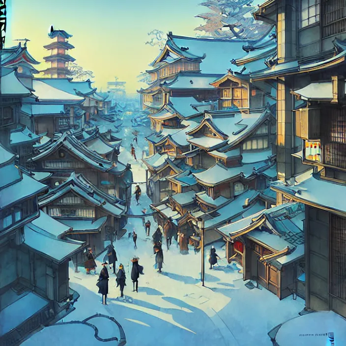 Image similar to japanese big city, winter, in the style of studio ghibli, j. c. leyendecker, greg rutkowski, artem