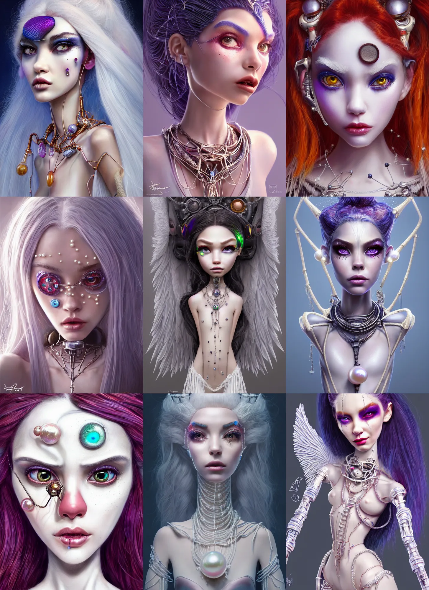 Prompt: pixar weta portrait, beautiful porcelain white honey crystal raver clowncore pearl devil angel madison beer cyborg woman, rope jewelry, sci - fi, fantasy, cyberpunk, intricate, elegant, highly detailed, digital painting, ever after high, octane render, artstation, concept art, smooth, sharp focus, illustration, art by artgerm, loish, wlop