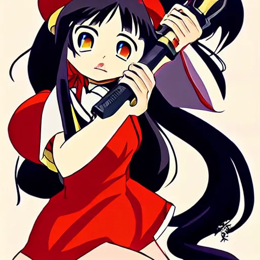 Prompt: Kagome Higurashi as a cowgirl with a beautifully stylized revolver, Royal Armouries, Inuyasha, art by Rumiko Takahashi