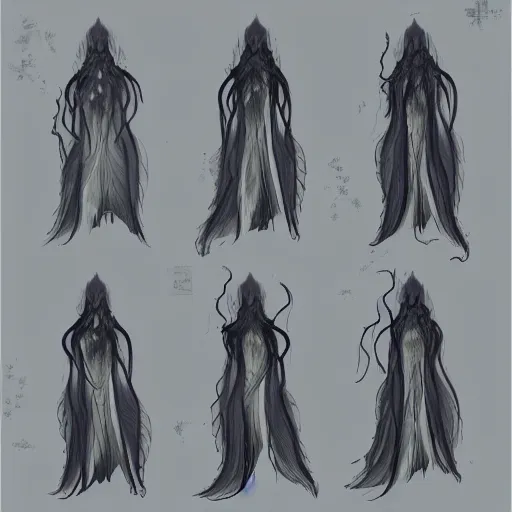 Image similar to concept designs for an ethereal wraith like figure made from dark wispy shadows with a squid like parasite latched onto its head and long tentacle arms that flow lazily but gracefully at its sides like a cloak while it floats around a frozen rocky tundra in the snow searching for lost souls and that hides amongst the shadows in the trees, this character has hydrokinesis and electrokinesis for the resident evil village video game franchise with inspiration from the franchise Bloodborne and the mind flayer from stranger things on netflix in the style of a marvel comic