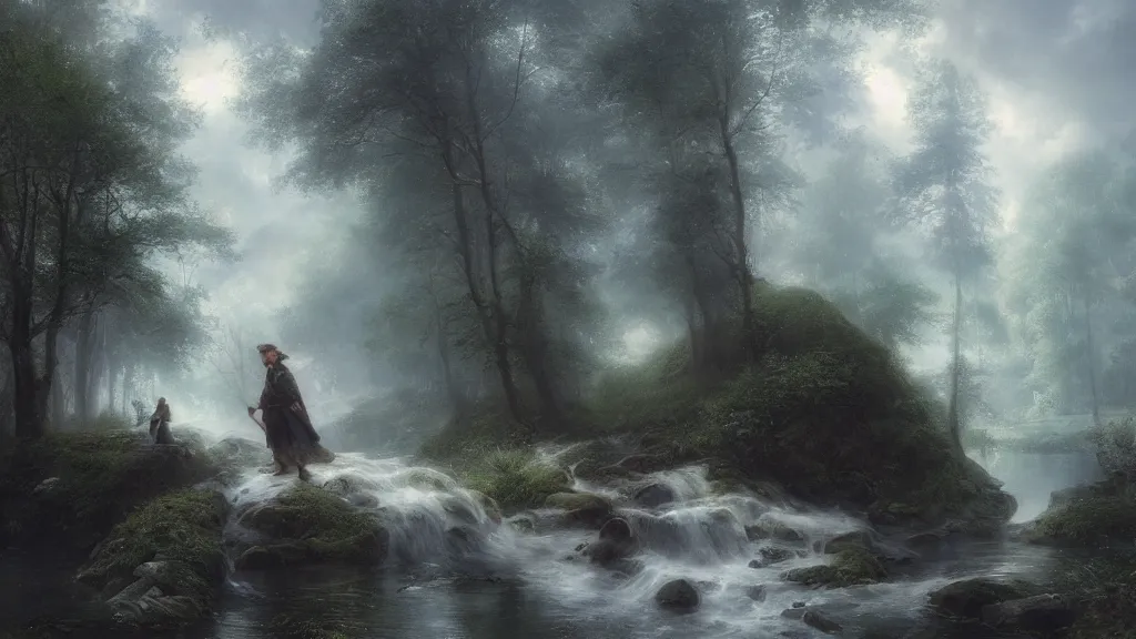 Prompt: [ searching for tom bombadil ] andreas achenbach, artgerm, mikko lagerstedt, zack snyder, tokujin yoshioka