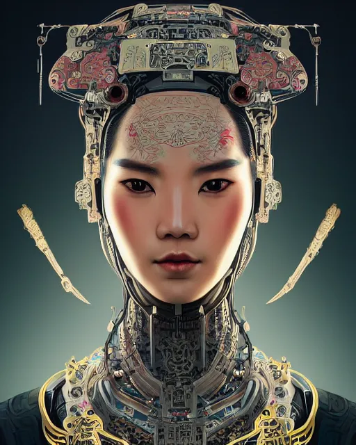 Image similar to portrait of a cyberpunk machine, machine face, upper half portrait, decorated with chinese opera motifs, asian, fine china, traditional chinese art, intricate, elegant, highly detailed, symmetry, digital painting, artstation, concept art, smooth, sharp focus, illustration, art by artgerm and greg rutkowski and alphonse mucha, 8 k