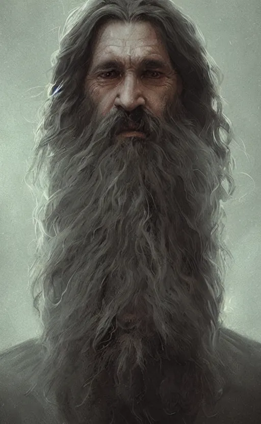Prompt: Portrait of a middle aged wizard with a long beard and monacle, male, detailed face, fantasy, highly detailed, cinematic lighting, digital art painting by greg rutkowski